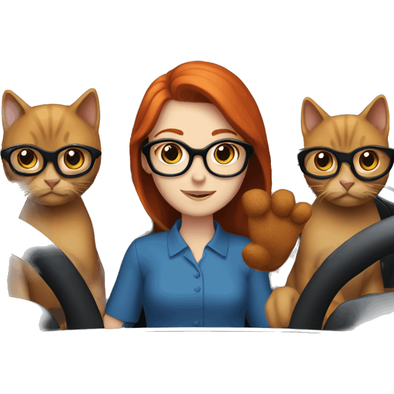 Redhead girl glasses driving blue with 2 black cats  emoji