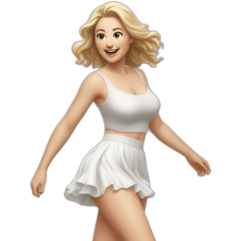 hyperrealistic-full-body-caucasian-curvy-beauty-jumping-small white-skirt-back-and-front-views-strong-wind-knickers white socks emoji