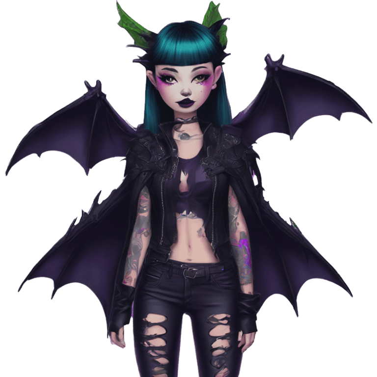 Quirky goth people Afflecks Palace unique attire with dragon bat wings and tattoos neon emoji