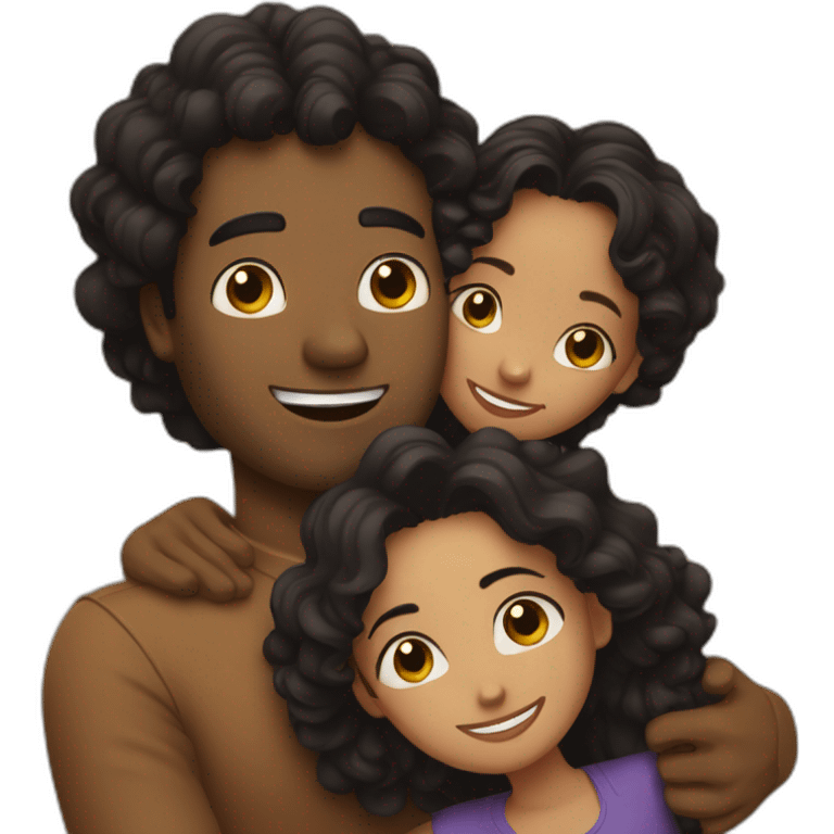 Hug between brown guy with straight black hair and a long curly brown hair woman emoji