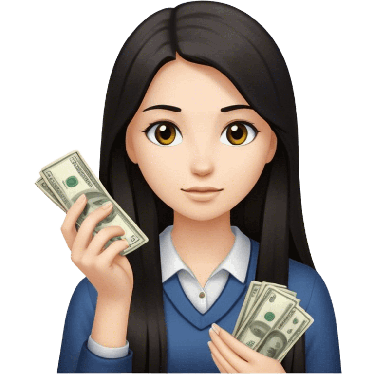 a dark long straight hair young women is counting money on her her hand emoji