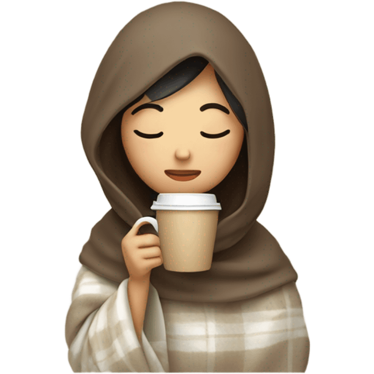 asian girl inside a blanket sipping coffee eyes closed emoji