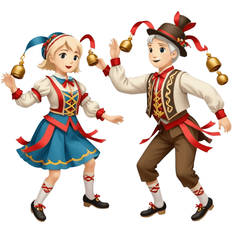 Cinematic Realistic scene of two performers executing a Morris Dance in full traditional costume—with bells, ribbons, and clogs—captured in dynamic motion against a rustic English backdrop and warm, golden lighting emoji