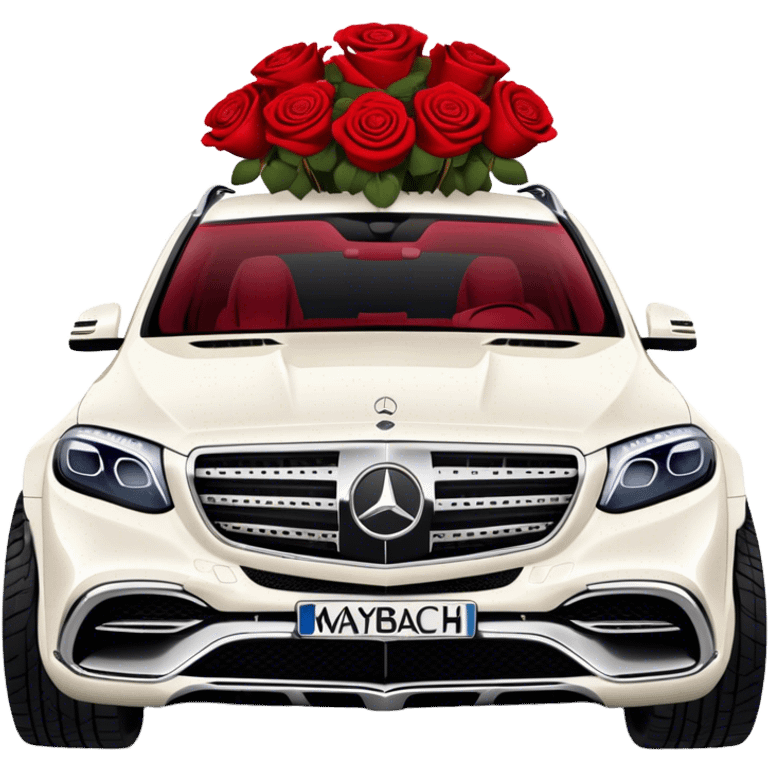 Side angle of White Mercedes Maybach GLS 600 with red roses on the front hood emoji