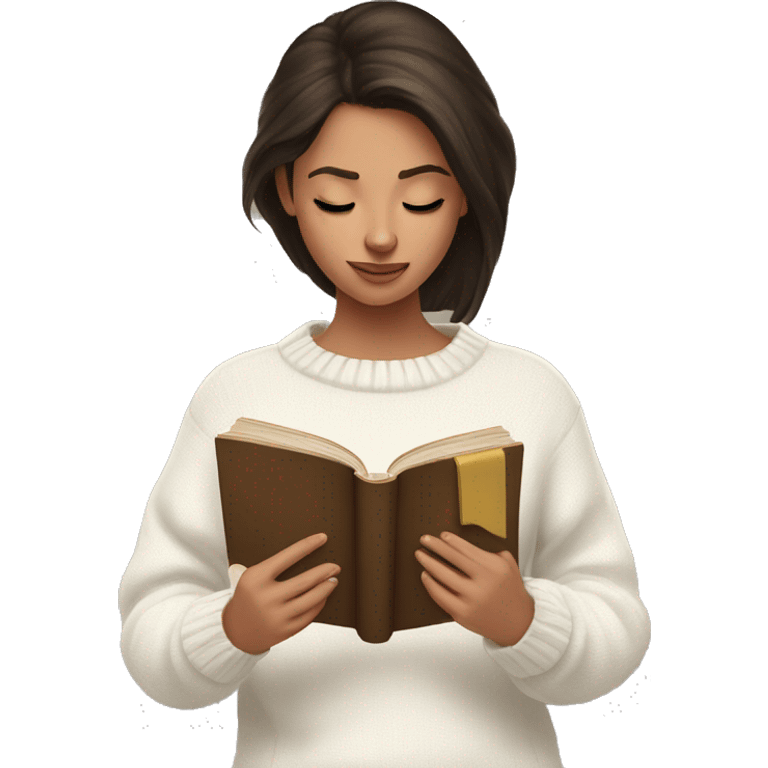 brunette girl in a white sweater is reading a book in her hands emoji