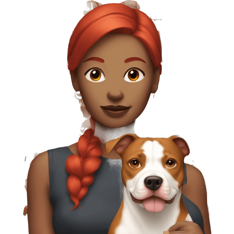 Woman with red hair and her red and white pitbull  emoji