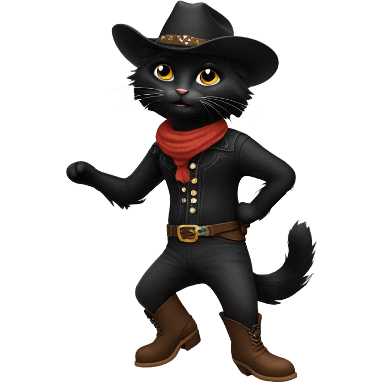 A black cat with long fur dancing in cowboy boots emoji