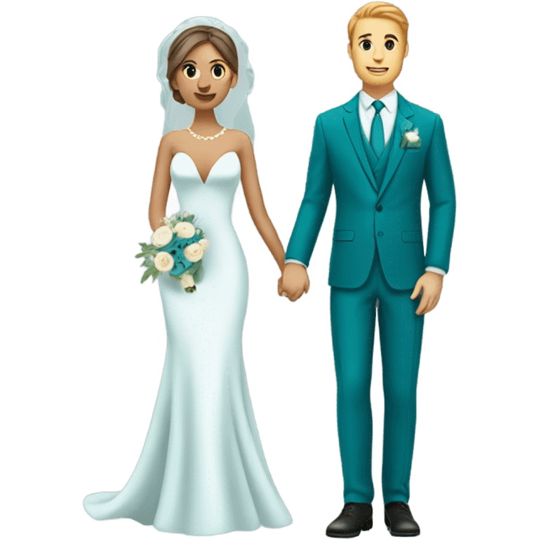 Bride in blue dress and groom in teal suit emoji