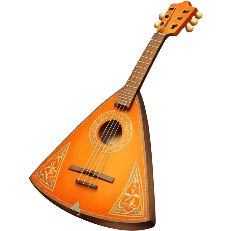 Create a traditional and vibrant emoji representing a Russian balalaika. The design should feature the distinctive triangular shape of the balalaika with three strings, a beautifully crafted wooden body, and visible tuning pegs. Add musical notes around the instrument to emphasize its cultural significance and melodic sound. Use warm, rich colors like natural wood tones, bright orange, and gold accents to evoke the authenticity of Russian folk music. The background should be transparent. emoji