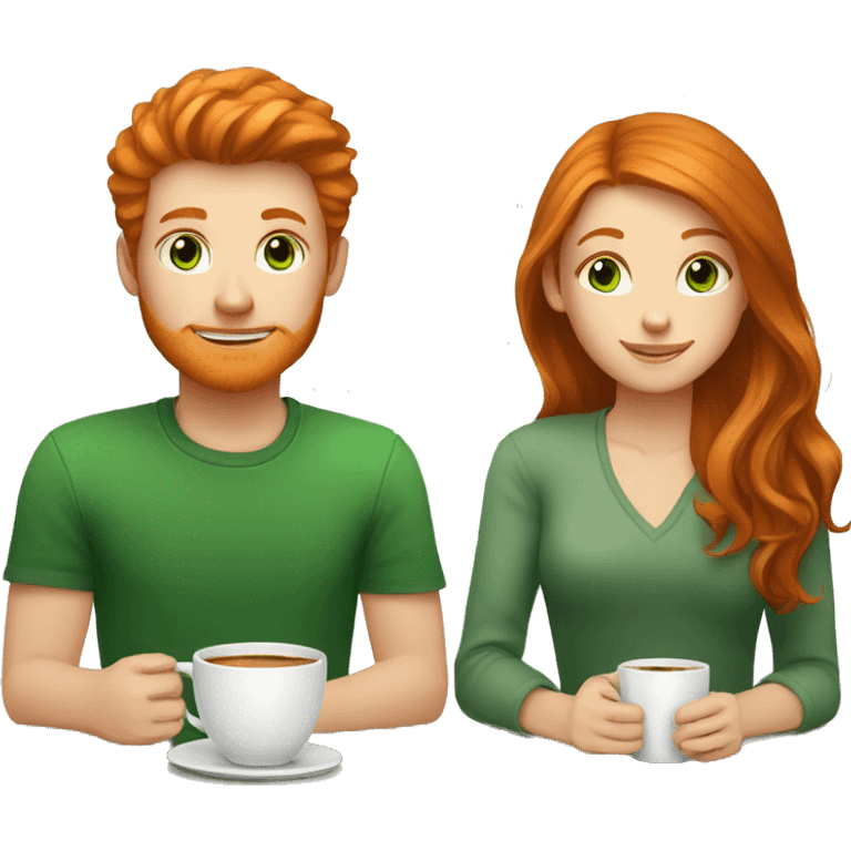 ginger hair girl and brown eyes and brunette boy with green eyes having a coffe emoji