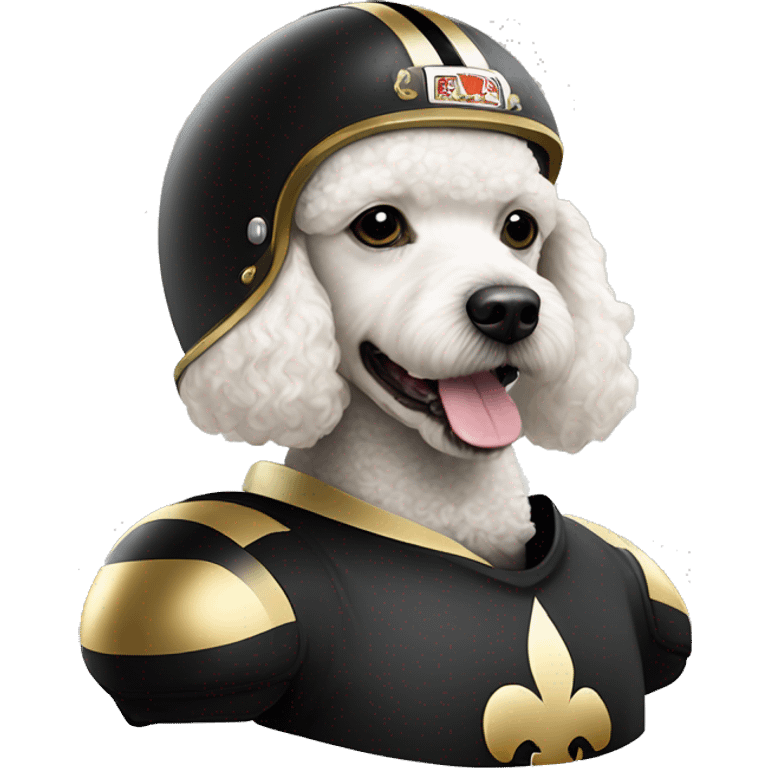 White poodle wearing a black football helmet with gold stripe and gold fleur de lis emblem emoji