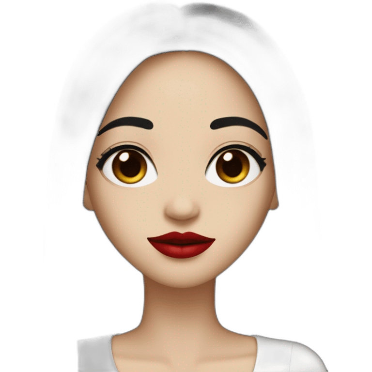 long straight black hair, red lipstick, black eyes, white skin and a small nose emoji