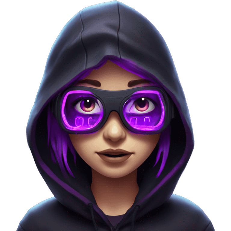 Russian girl wearing black hoody with violet letters "OMG", in vr headset. Cyberpunk style. Violet neon. emoji