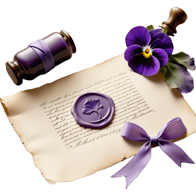 A dusty lilac-colored wax seal, pressed onto a letter with an intricate pansy emblem, rests atop a stack of aged parchment tied with a frayed lavender ribbon. Beside it, a frosted glass bottle of violet ink, its stopper slightly askew, sits near a scattering of delicate, hand-painted ceramic pansy petals, as though left behind from an artist’s fleeting inspiration.
 emoji