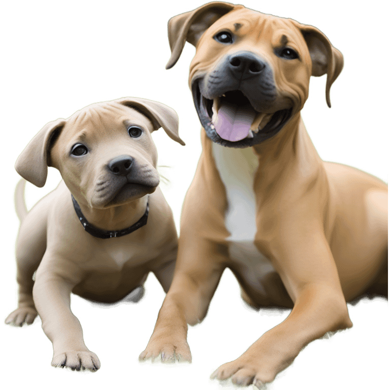 Black mouth cur puppy next to black and white smiling pit bull emoji