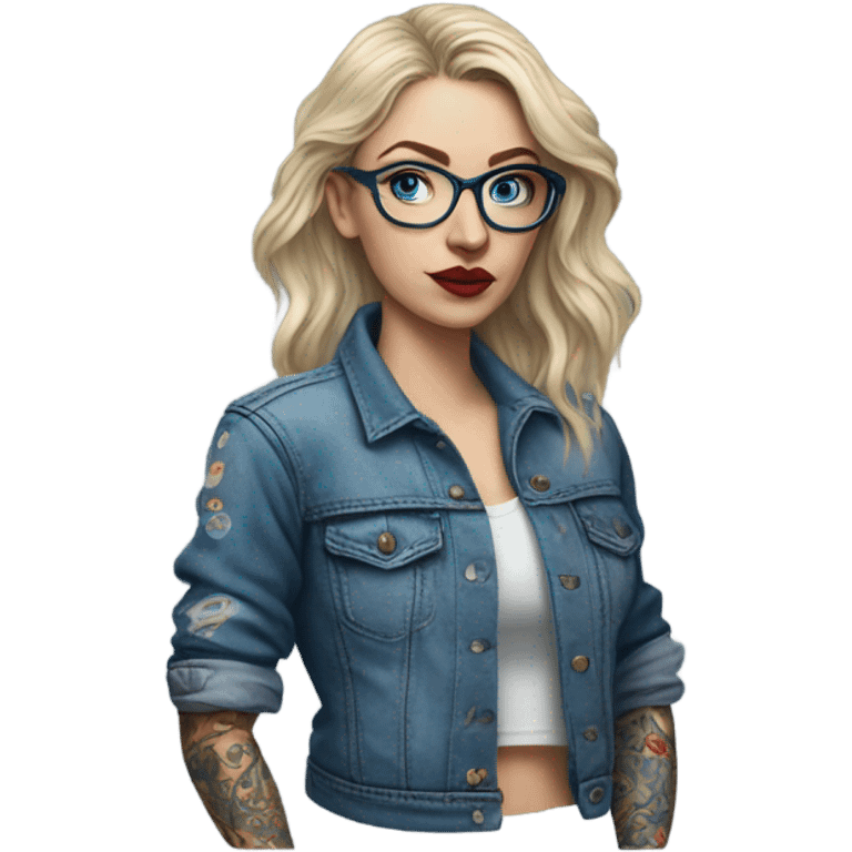 Hyper Realistic pale beautiful tattooed woman with glasses and blue eyes wearing denim jacket emoji