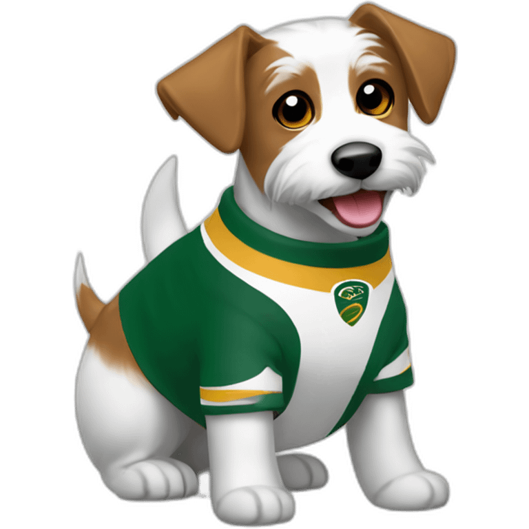 happy scruffy jack russel maltese dog with brown ears white face wearing springboks rugby shirt emoji