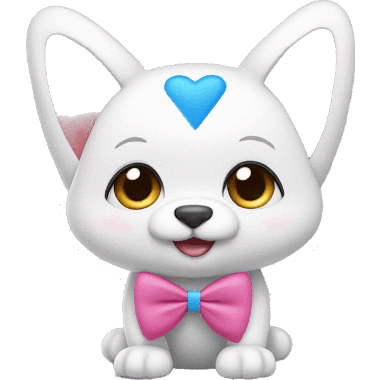 a character in the shape of a pink triangle with rounded corners, with white cute eyes and heart-shaped pupils, white ears and a blue bow on top, little white arms and paws on the sides, and blue paws on the bottom emoji