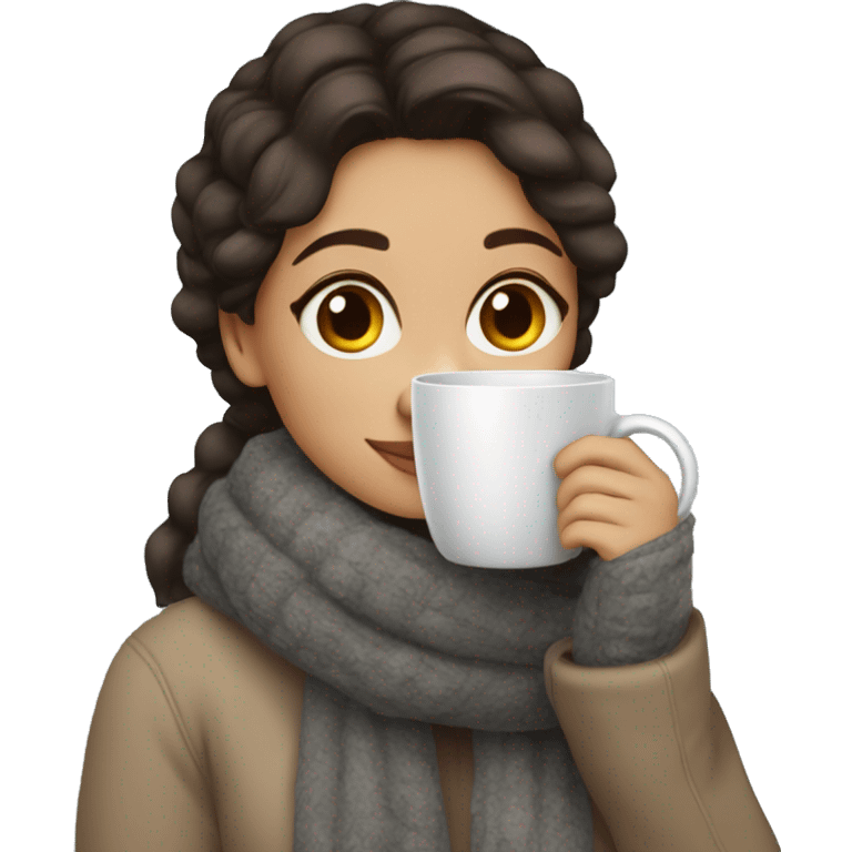 Cozy brunette girl with a cup of Coffee in winter emoji