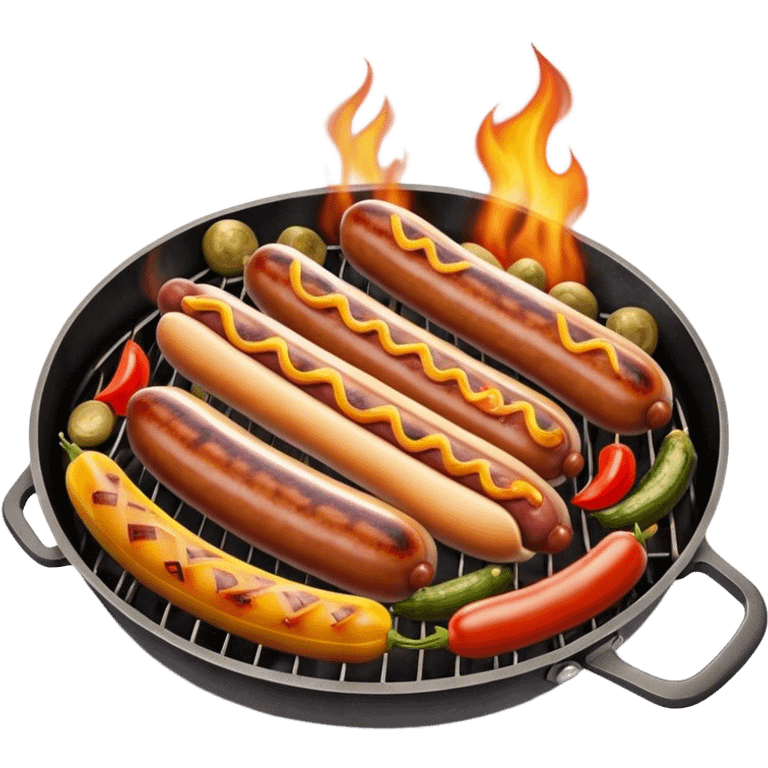 Cinematic Realistic Sausage Sizzle Dish Emoji, featuring sizzling sausages cooking over an open flame rendered with dynamic textures and warm, smoky lighting. emoji