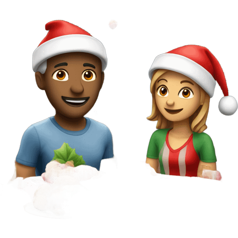 emoji Sports couple , a man and a woman in sportswear, sitting at the Christmas dinner table with a red Christmas hat emoji