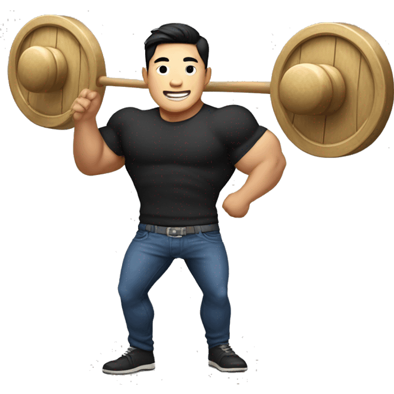 Thick muscular Korean man, with a smile, wearing a tight black shirt, blue jeans, add a gong with a gong stick in his hands emoji