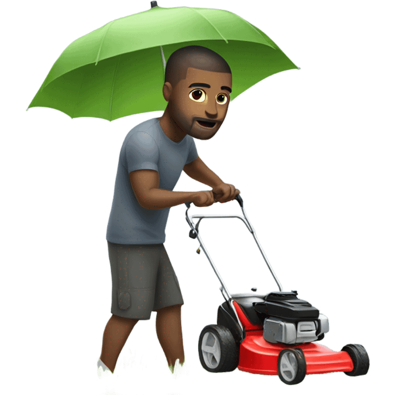 A muscular white man with tattoos cutting grass with a lawn mower with umbrella emoji