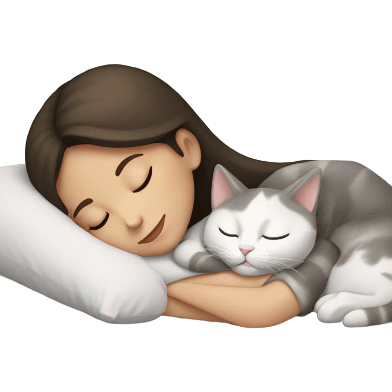 Brunette girl  sleeping with grey white  cat  emoji