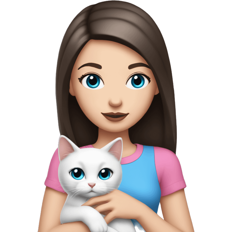 white girl with straight dark brown hair and blue eyes with pink lips and long eyelashes wearing a pink shirt holding a white cat emoji