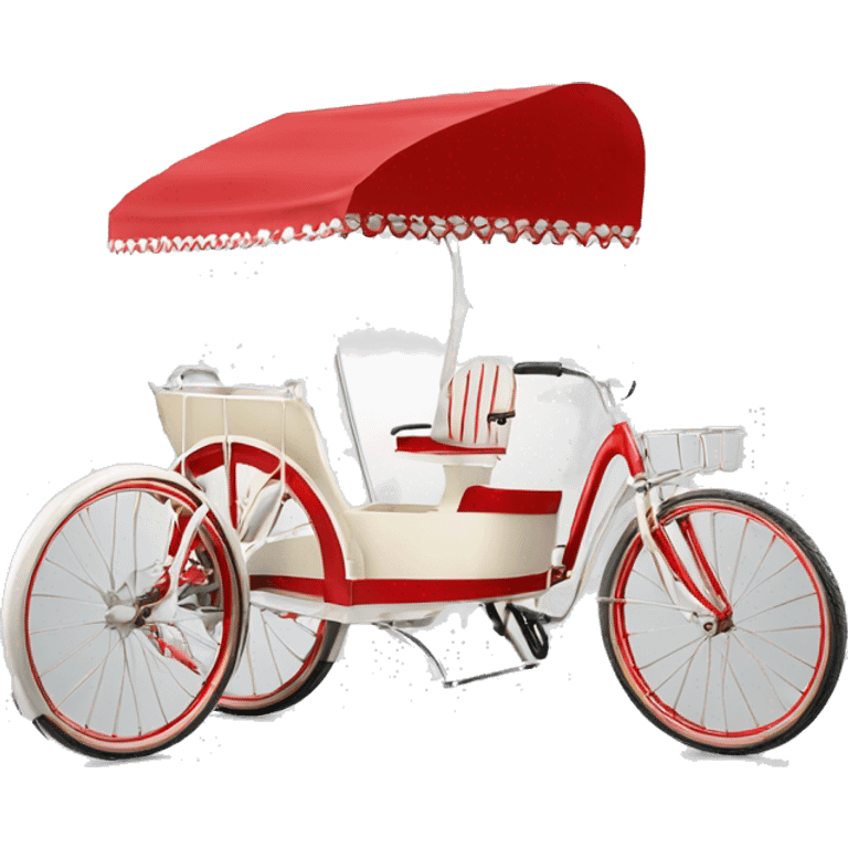 un tricycle vente crème lacée de ouleur blanc et rouge avec un canopy avc es bands rouge et blanc emoji