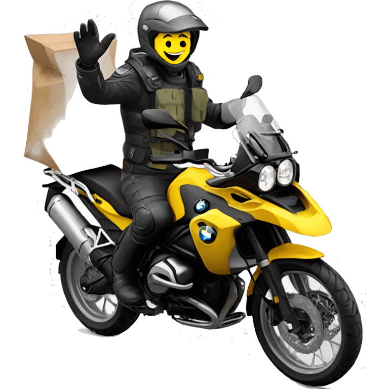 man waving while driving yellow bmw f750gs emoji