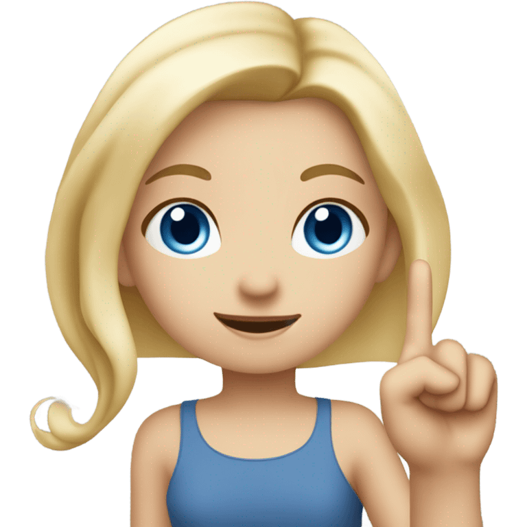 Girl with blonde hair and blue eyes is holding up  finger ￼ emoji