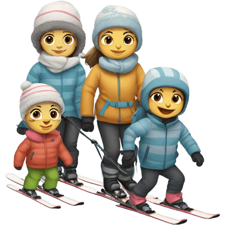 Baby skiing with its family of four, and a grey striped cat emoji