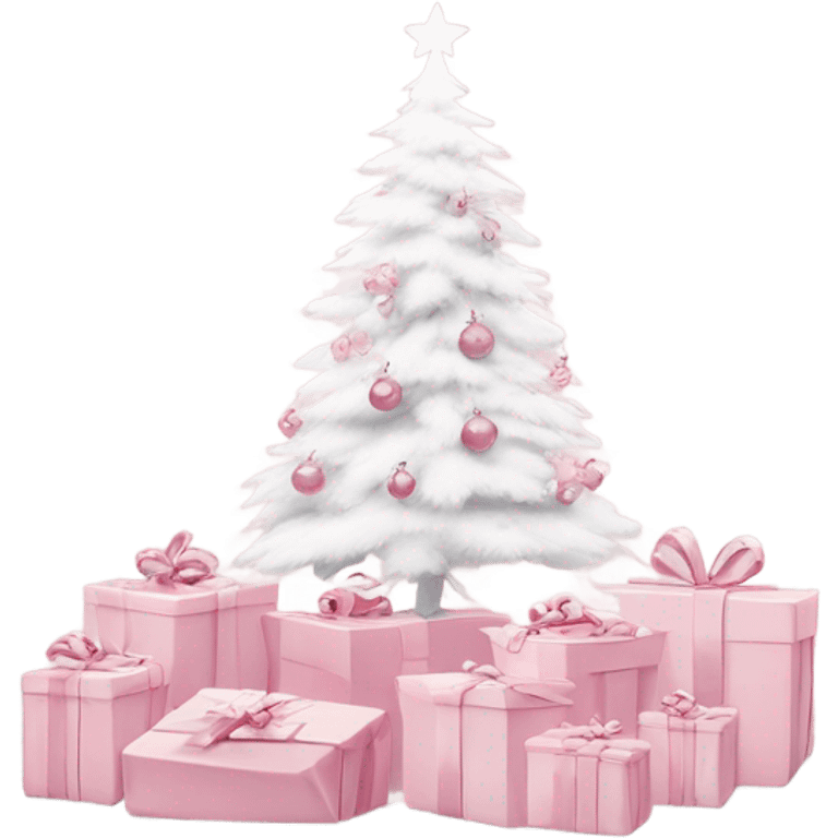 Light pink Christmas gifts under a white Christmas tree  emoji