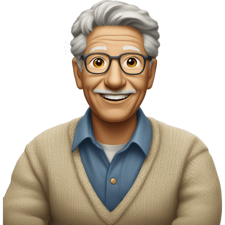 abraham maslow wearing a shirt and sweater and smiling looking at the camera and sitting down emoji