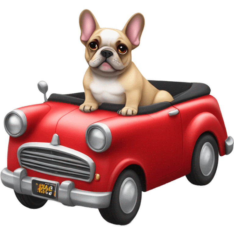 French bulldog in a red classic convertible car driving with the top down  emoji