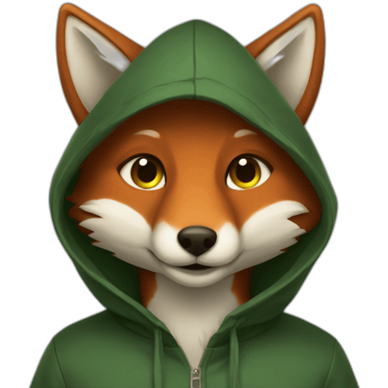 a small dark brown fox with orange eyes with a dark green hood that smile emoji