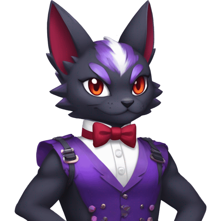 cool anthro black purple red ethereal fantasy nargacuga-Noivern-cat-Fakemon collar harness bow tie and bracers full body emoji