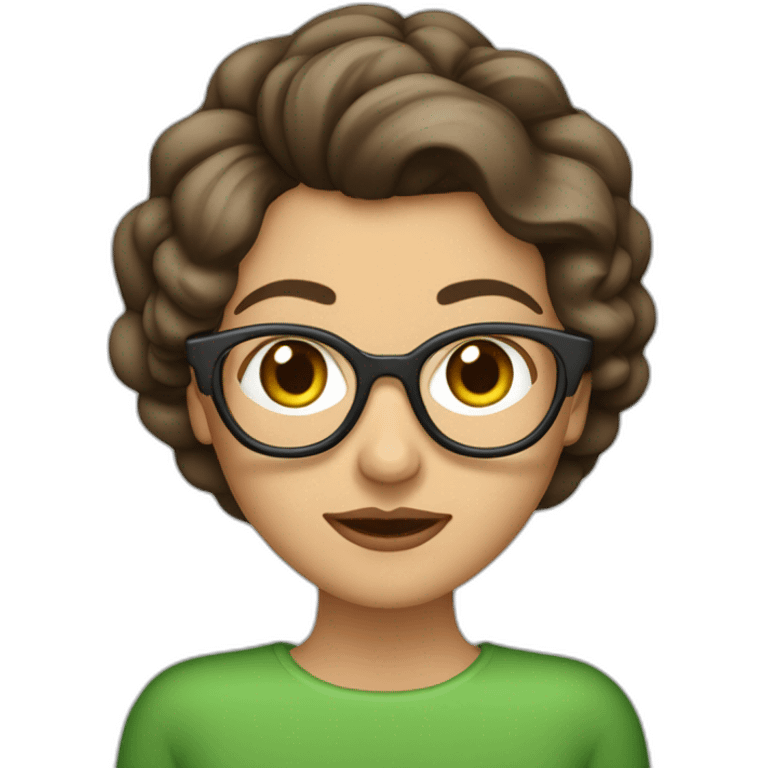 Mujer de mediana edad con ojos verdes, el pelo muy corto, peinafo moderno,castaño, canas en el flequillo y gafas rojas emoji