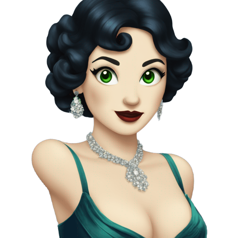 Burlesque dancer with black hair, pale skin, and green eyes in a dark blue vintage costume dancing emoji