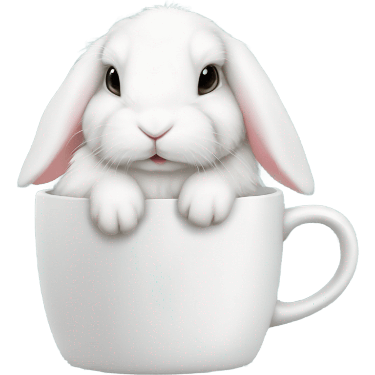 White mini lop rabbit drinking tea from a mug emoji