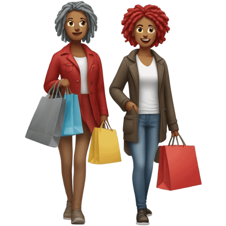 Brown woman with red locs and fair woman with gray locs shopping  emoji