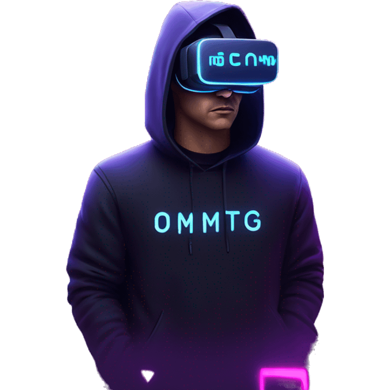 Russian man wearing a black hoodie with "OMG" letters on it and VR headset in a cyberpunk VR environment with violet neon lighting. emoji