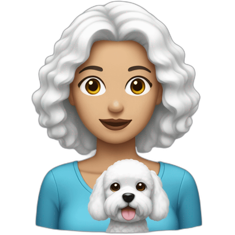 mujer piel blanca pelo negro con perro bichon blanco emoji