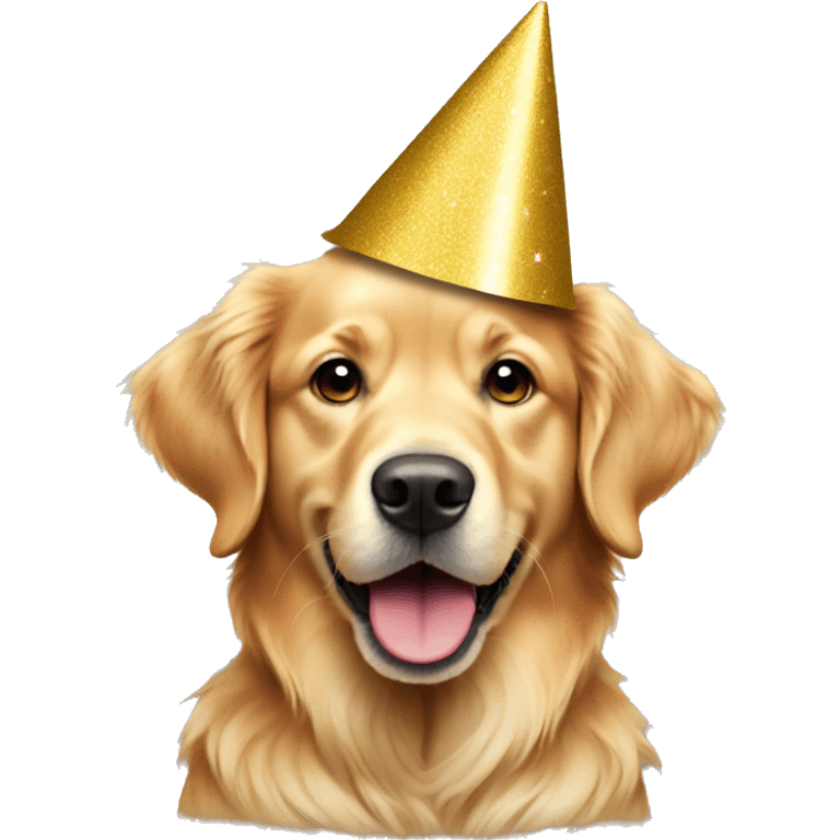 Light color golden retriever wearing a party hat emoji