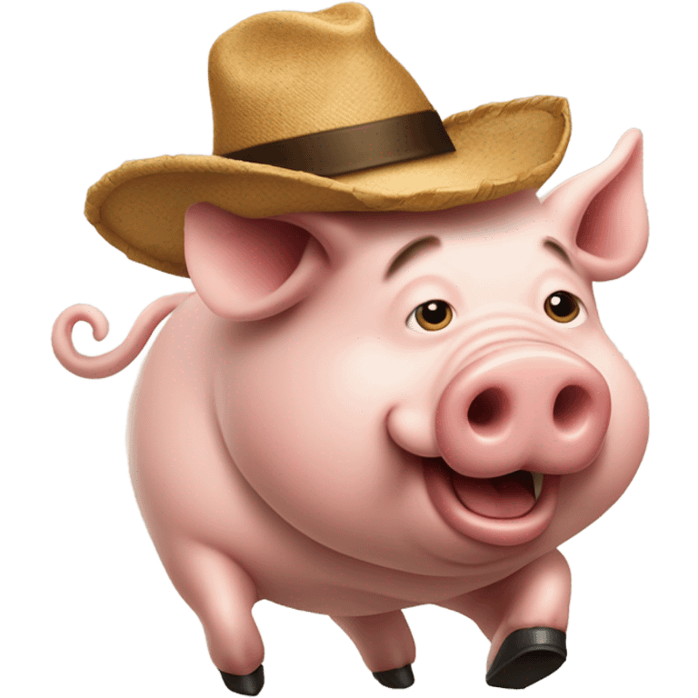 Pig chasing a person with cotelette beard and a small round hat on the back of his head emoji