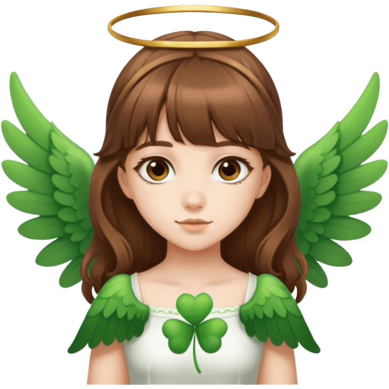 girl in brown hair ant has a cute bangs, wear wings, clover on her hair emoji