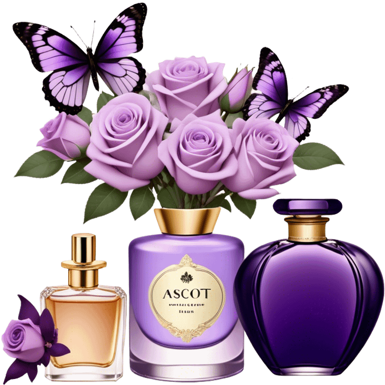 A delicate bouquet of soft lilac Ascott tea roses rests beside a pastel violet aesthetic, accompanied by a stunning butterfly with dark orchid-colored wings, while a luxurious royal purple silk ribbon cascades elegantly next to a beautifully crafted vintage-style perfume flacon in a rich heather hue. emoji