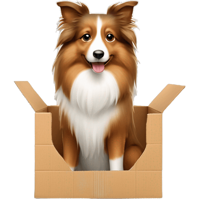 Shetland sheepdog sitting in cardboard emoji