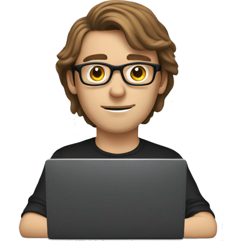 white guy brown hair and black mount glasses typing in laptop wearing black shirt emoji